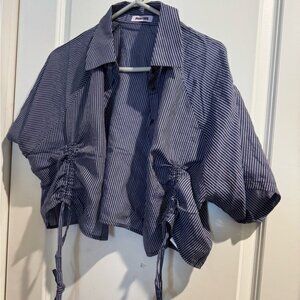 Striped Blue and White Cropped Shirt with Drawstring Size Medium